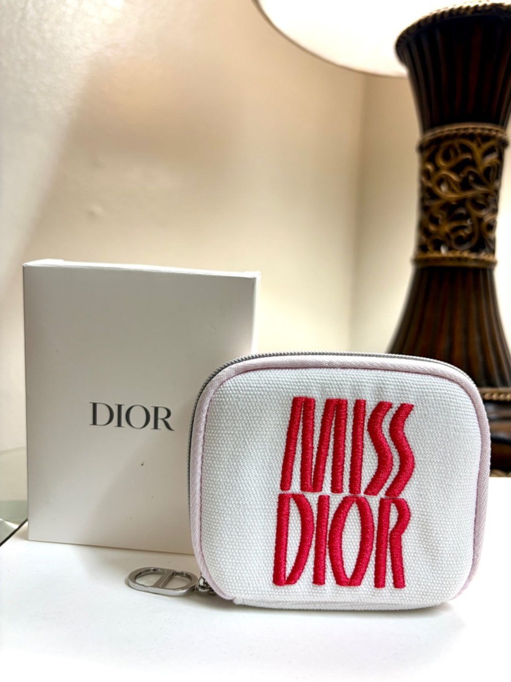 Dior White Canvas airpod case with Pink Edge and Red Embroidery